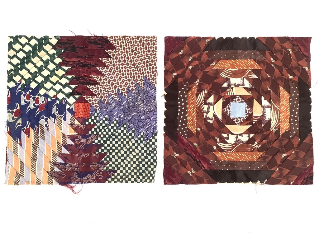 Vtg Pineapple Patchwork Quilt Blocks: 2 total, both 12" x 12". Fraying around edges, minor staining / discoloration on backs. Provenance: Collection of William and Diane Itter. Please see photos for condition and details.