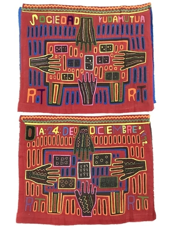 Mola Kuna Textile Panels w/ Card & Domino Motifs: 2 total, both approx. 17 1/2" x 14". Unfinished / frayed edges, minor loose threads / thread ends. Wear consistent with age. Well preserved details and colors. Provenance: Collection of William and