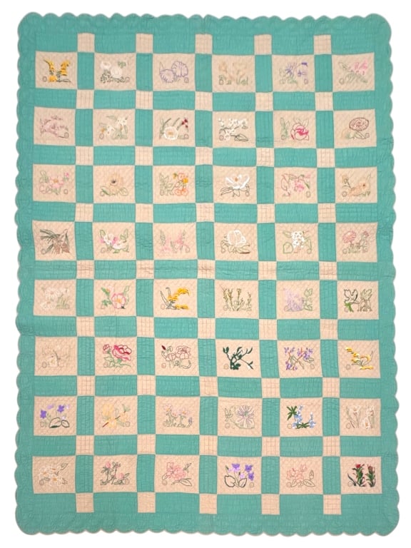 Early 48 State Flower Quilt Embroidered 66" x 81": 48 embroidered patches with the state flower of the states at the time, scalloped edges. Remarkable condition for age, no visible staining or repairs. Provenance: Collection of William and Diane Itter