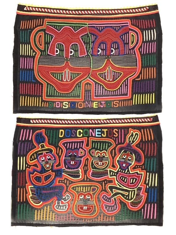 Mola Kuna Textile Panels w/ Rabbits Motifs: 2 total, both 20" x 14". Unfinished / frayed edges. Panel with 5 rabbits has minor damage on left side, seen in last photo. Appears to show discoloration / sun damage to black fabric. Otherwise colors