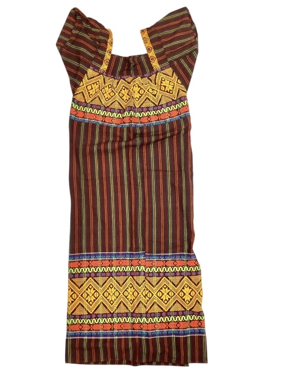 Guatemalan Huipil Embroidered Dress: Dress 25"W at shoulders, 60"L. Shows wear consistent with age, nothing severe. Minor fraying and loose threads / thread ends. Overall intact, vibrant colors. Provenance: Collection of William and Dian