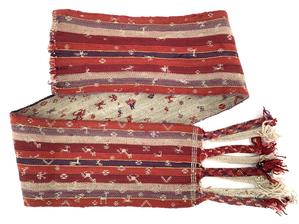 Aboriginal American Hand Woven Belt / Sash: 39" x 5". Shows discoloration, minor fraying, loose thread ends, and other wear consistent with age. No severe damage, everything intact. Vivid colors. Provenance: Collection of William and Diane Itte
