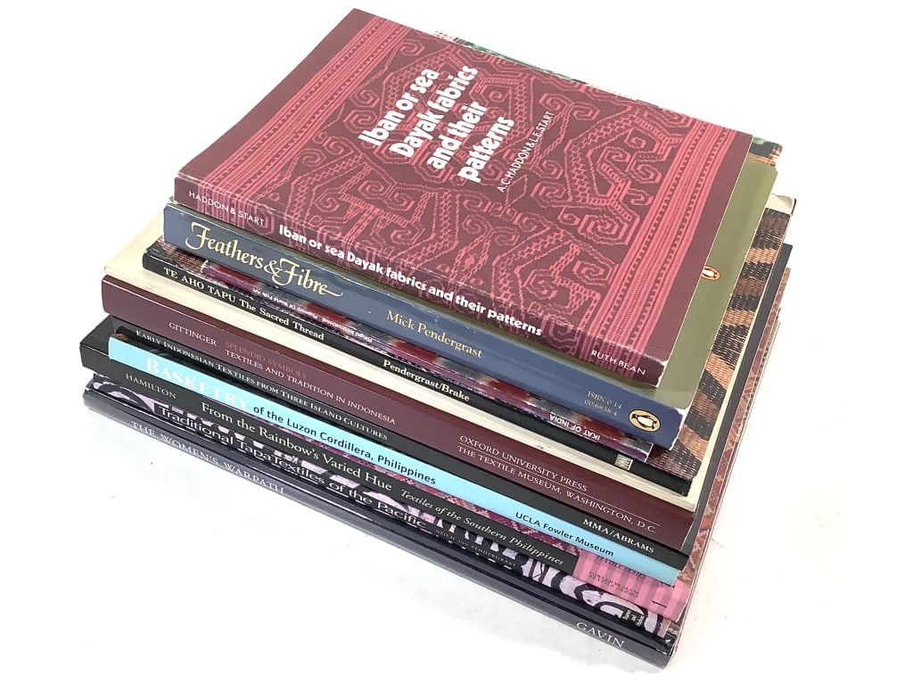 Indonesian, Indian, Philippines Textile Books +: 12 total, 11 paperback and 1 hardback. Publishing dates vary from the early 70s to late 90s. Books may have notes, personalization and / or signatures and marks. Provenance: Studio & Research Library 
