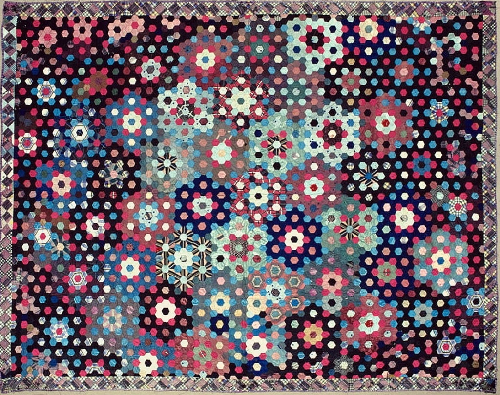 Early Silk Flower Garden Quilt 61" x 78": Very fragile, some losses to top. Provenance: Collection of William and Diane Itter. Please see photos for condition and details.