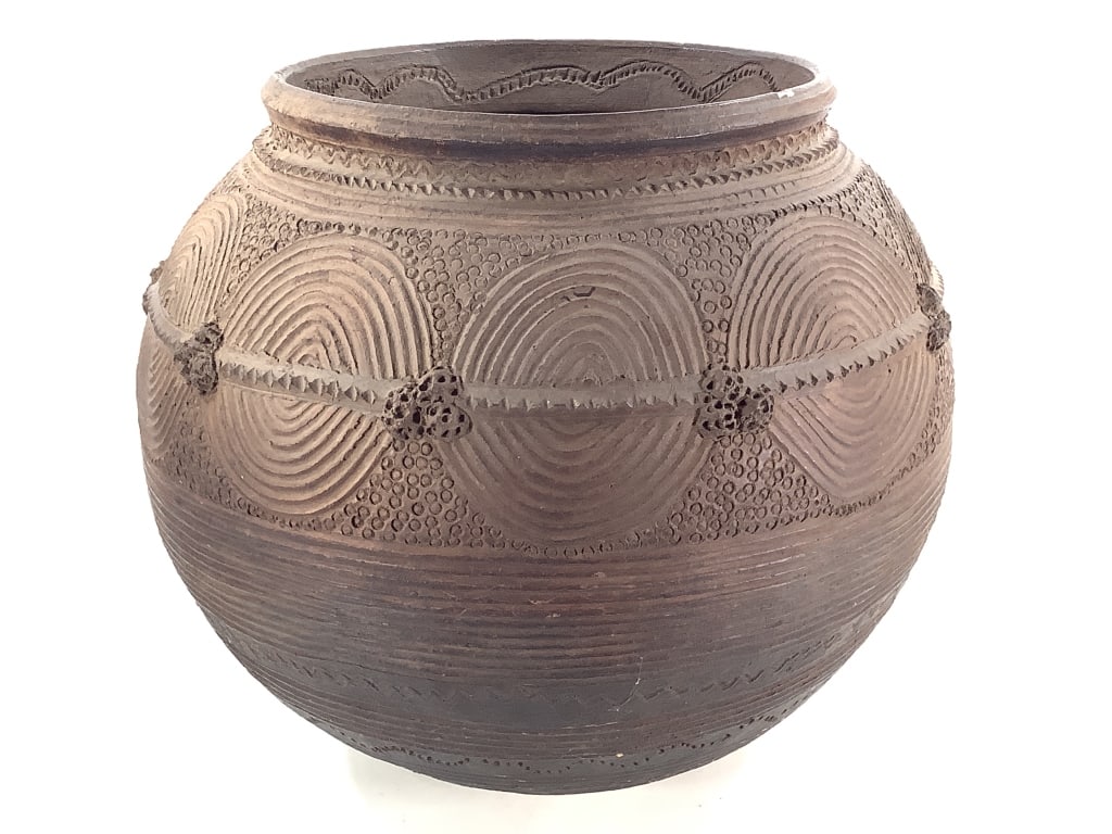 Nupe Water Pot Nigerian: 14 3/4"Dia. x 13 1/2"H. Lip has small area of what looks to be a repair (1/4" white line area on edge). Please note: Some pots may have repairs that may not be noted. Provenance: Collection of