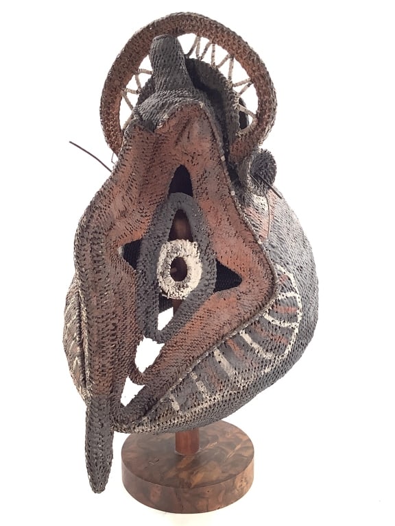 Abelam Papua New Guinea Mask: 13 1/4"W x 17 3/4"D x 17"H. Comes with display stand. Provenance: Collection of William and Diane Itter. Please see photos for condition and details.
