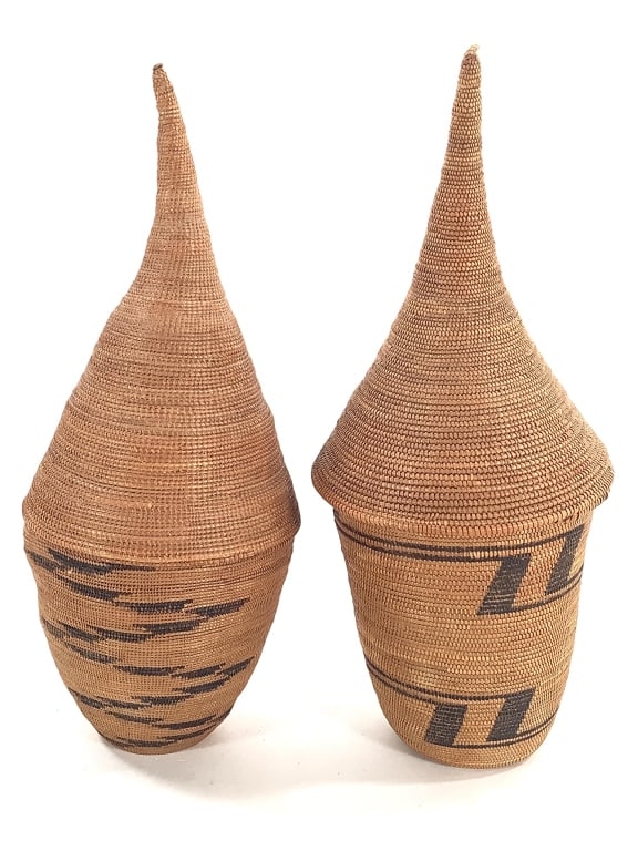 2 Tutsi Lidded Coiled Baskets: Taller, 3 3/8"Dia., 8"H. Provenance: Collection of William and Diane Itter. Please see photos for condition and details.