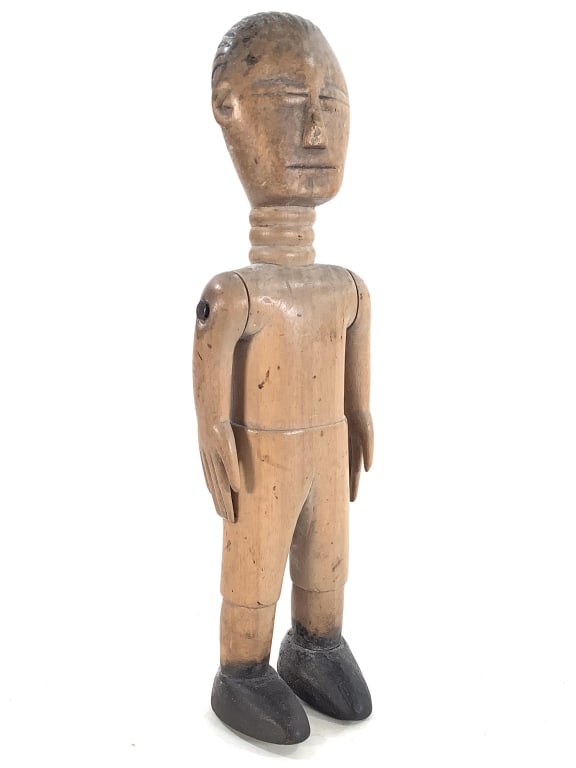 Venavi Doll Ewe Hand Carved Wood: Polished wood with painted hair and shoes, and articulated arms. 9"H. Provenance: Collection of William and Diane Itter. Please see photos for condition and details.