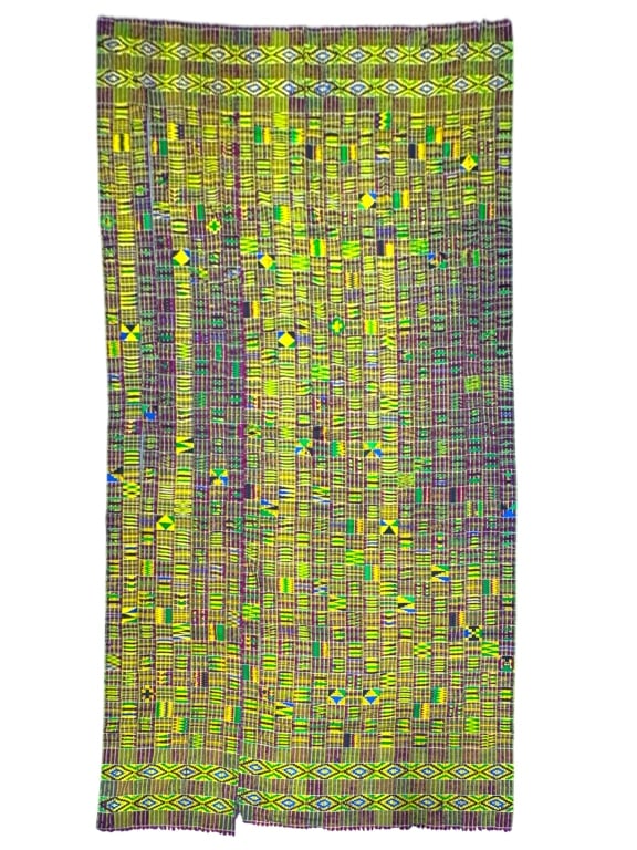 Asante Kente Cloth Hand Woven Ghana: 129" x 84". Multiple loose seams. Irregular edge on one end. Provenance: Collection of William and Diane Itter. Please see photos for condition and details.