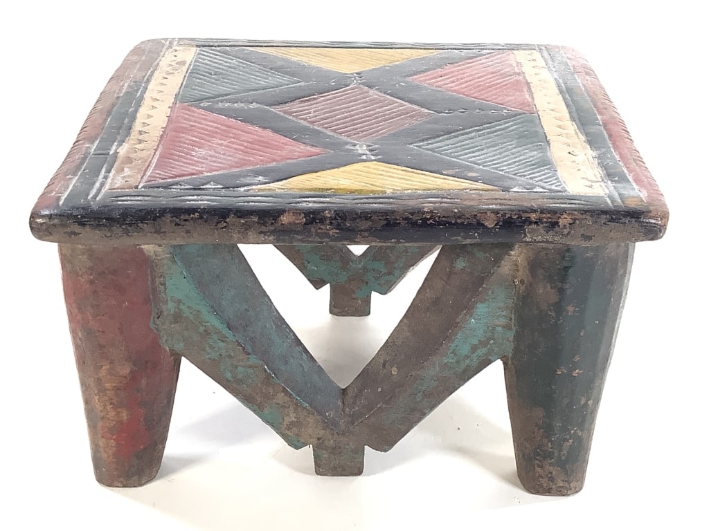 Nupe Stool Carved Wood w Colorful Geometric Design: 10 3/8"W x 9 1/8"D x 6 3/8"H. Some wear/ rubbing on the painted surface. Provenance: Collection of William and Diane Itter. Please see photos for condition and details.