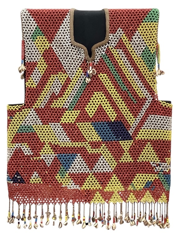 Kirdi Mens Beaded Tunic: About 30"H x 23"W (measured on display stand). Provenance: Collection of William and Diane Itter. Please see photos for condition and details.