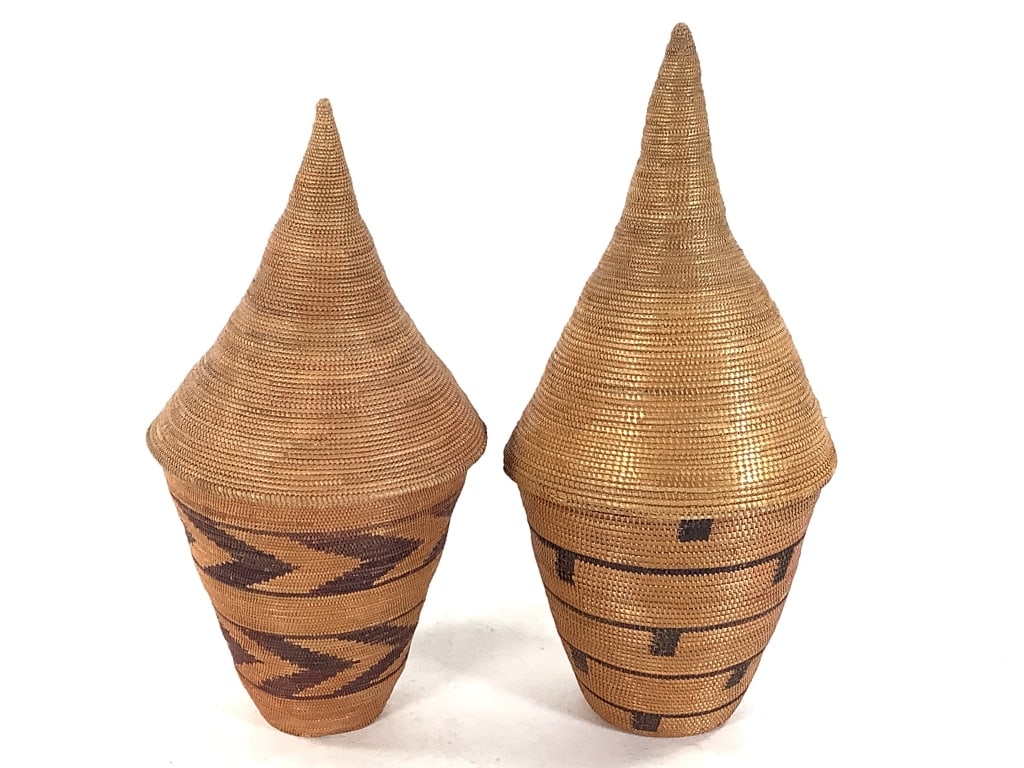 2 Tutsi Lidded Coiled Baskets: Taller, 81/2"H. Provenance: Collection of William and Diane Itter. Please see photos for condition and details.