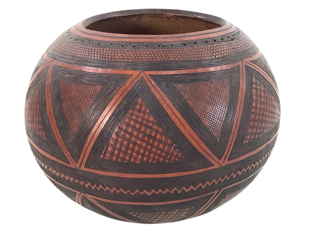 Nupe Calabash Gourd Bowl Nigeria: 9 1/2"Dia., 7 3/8"H. Incised design with pigment. Provenance: Collection of William and Diane Itter. Please see photos for condition and details.