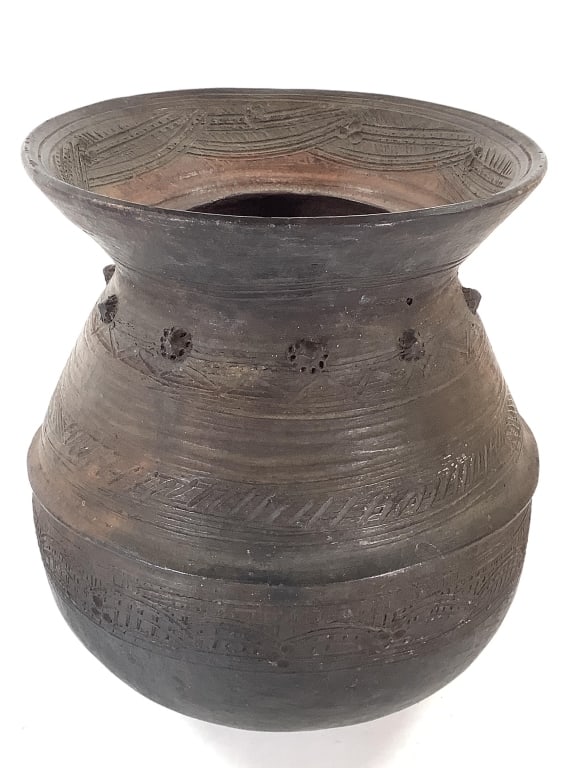 Nupe Nigerian Terracotta Water Pot: 13"Dia., 16"H. Provenance: Collection of William and Diane Itter. Please see photos for condition and details. Please note: Some pots may have repairs that may not be noted.
