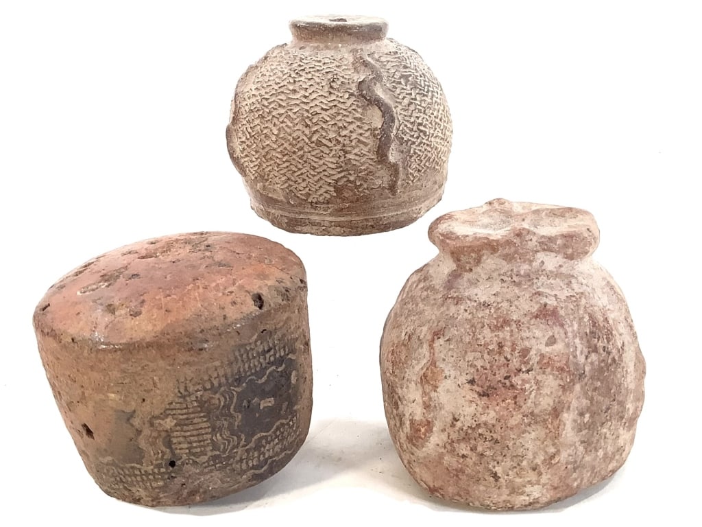 3 Inland Niger River Delta Mali Tamping Tools: Largest, 3"H x 3"Dia. Provenance: Collection of William and Diane Itter. Please see photos for condition and details.