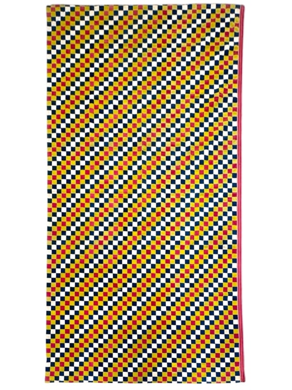 Ewe Ghana / Togo Woven Wrapper: 111" x 69". Some repaired holes. Thin strips of woven brightly colored squares in red, blue, cream, and mustard yellow, sew together in a checkered design. Provenance: Collection of William and Diane