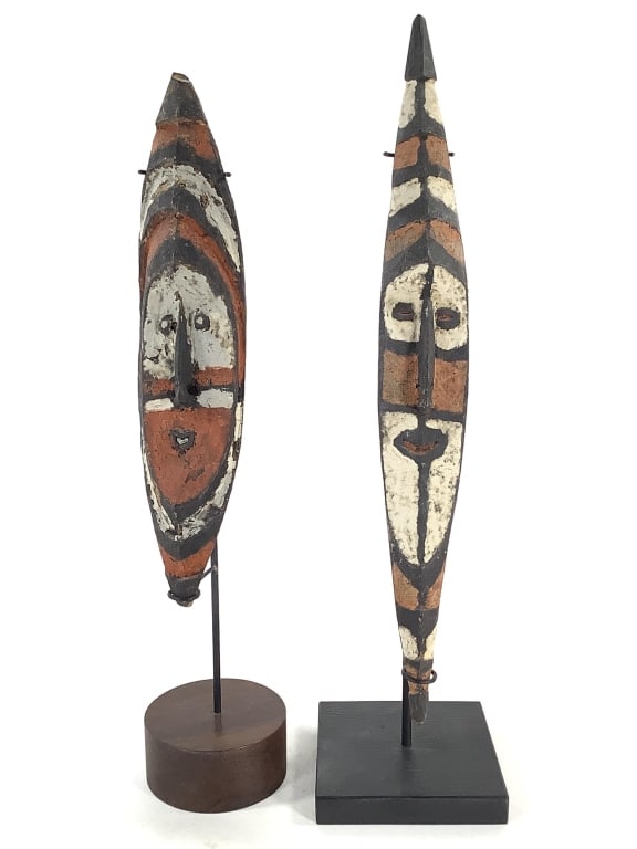 2 New Guinea Sepik Flute or Ancestral Spirit Masks: Larger 16 1/2"H (excluding stand). Both come with display stands. Provenance: Collection of William and Diane Itter. Please see photos for condition and details.