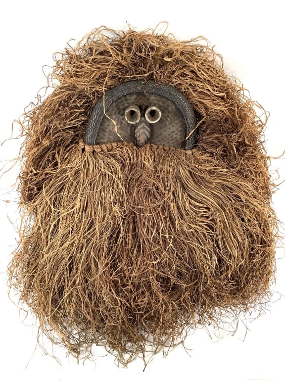 Woven Basket Helmet Mask with Raffia Fringe (1 of 8)
