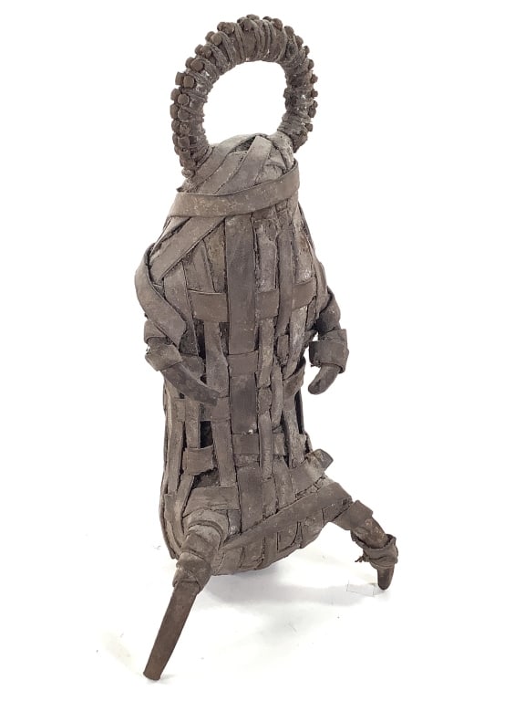 Matakam Figure Northern Cameroon: 10"H x 5"W. Forged iron wrapped with hide. Fair condition, natural wear consistent with age. Provenance: Collection of William and Diane Itter. Please see photos for condition and details.