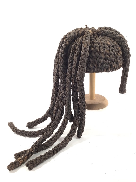 Bamileke Cameroon Grasslands Ceremonial Cap: 7 1/4 inner diameter of cap, 8 1/2 outer diameter. Woven raffia fiber in the traditional Grasslands style, fair condition, natural wear consistent with age, minor material losses. Provenance: Collecti