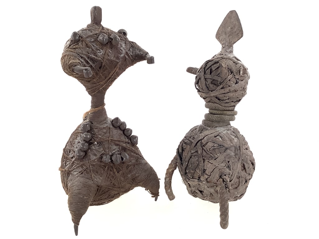 Pair Protective Fetish Figure Fali Cameroon: Largest, 8"H x 4"W x 3 3/8"D. Provenance: Collection of William and Diane Itter. Please see photos for condition and details.