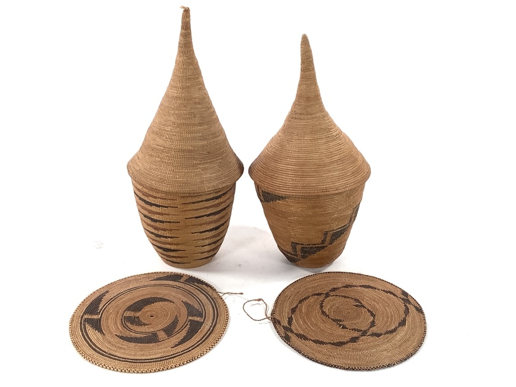 2 Tutsi Lidded Basket Rwanda: Tallest 9 1/4"H x 4 1/8"D. Provenance: Collection of William and Diane Itter. Please see photos for condition and details.