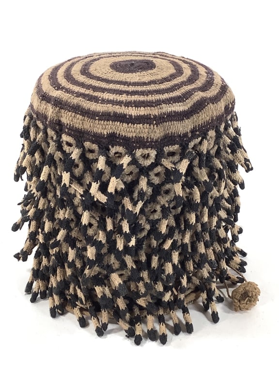Cameroon Grasslands Prestige Hat: 8 1/2"H x 7 1/2" inner diameter at bottom, 9 1/4"Dia with spikes. Provenance: Collection of William and Diane Itter. Please see photos for condition and details.