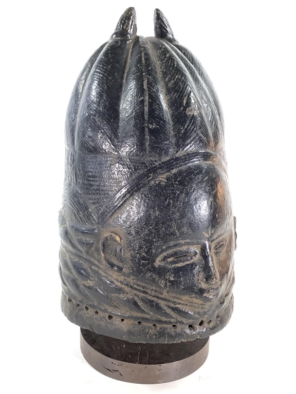 Mende Bundu Sowel Mask Sierra Leone: 17"H x 9 1/2"Dia. Fair condition, Missing the raffia fibers. Provenance: Collection of William and Diane Itter. Please see photos for condition and details.