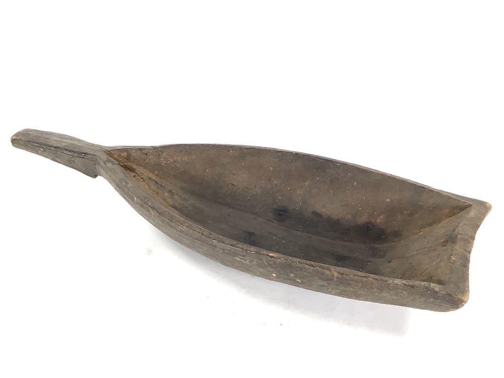 Antique Hand-carved Wooden Scoop: 24" 1/8"L x 9"W x 4"H. round 1/8" hole at end (not perforated), and near scoop handle. Provenance: Collection of William and Diane Itter. Please see photos for condition and details.
