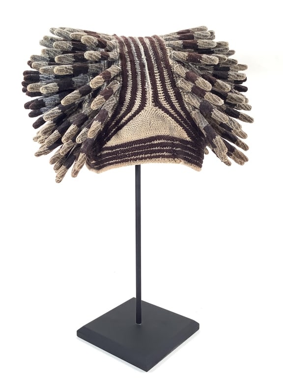 Bamileke or Bamun Cameroon Ashetu Prestige Hat: 6 1/4"H x 10"W x 8 1/2"D with spikes. Crochet hat with wood inserts in the spikes. Provenance: Collection of William and Diane Itter. Please see photos for condition and details.
