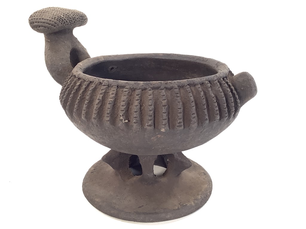 Small Bamum Ceremonial Pot Cameroon Grasslands: 8"H x 9 1/2"W x 7 5/8"D. Good condition. Provenance: Collection of William and Diane Itter. Please see photos for condition and details. Please note: Some pots may have repairs that may not be noted.