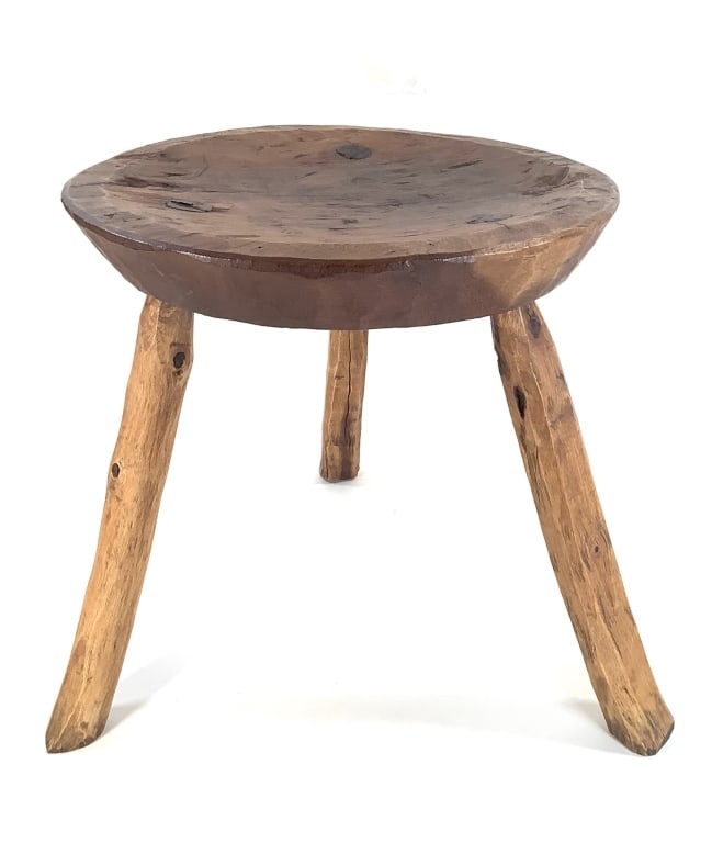 African Three Legged Wooden Stool: 13 3/4"Dia. x 14 1/2"H. Provenance: Collection of William and Diane Itter. Please see photos for condition and details.