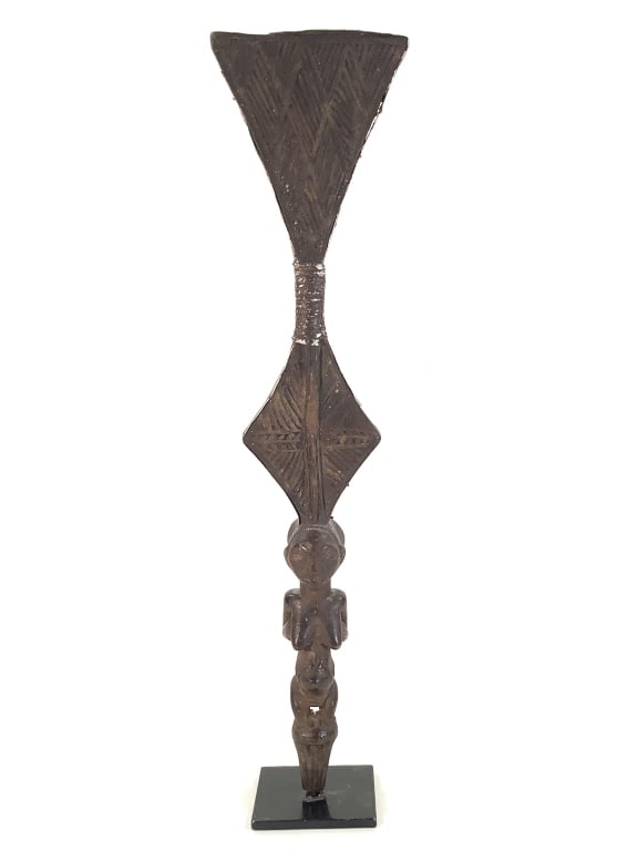 Luba Ceremonial Staff Kibango DR Congo: Hand-carved wood, 4 1/2"W x 18"H. Mounted on metal stand. Good condition, natural wear consistent with age. Provenance: Collection of William and Diane Itter. Please see photos for condition and