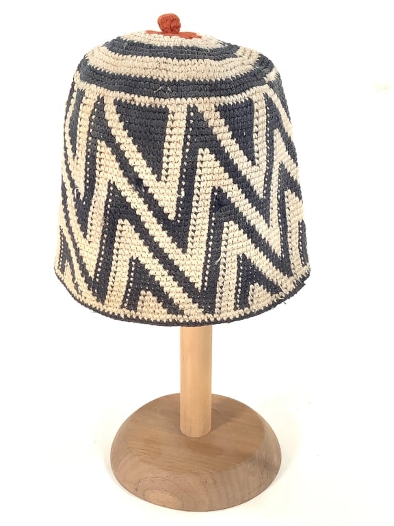 Cameroon Ashetu Hat w Zigzag Pattern: 7" H, 5"Dia at top, about 6" Dia. at bottom. Provenance: Collection of William and Diane Itter. Please see photos for condition and details.