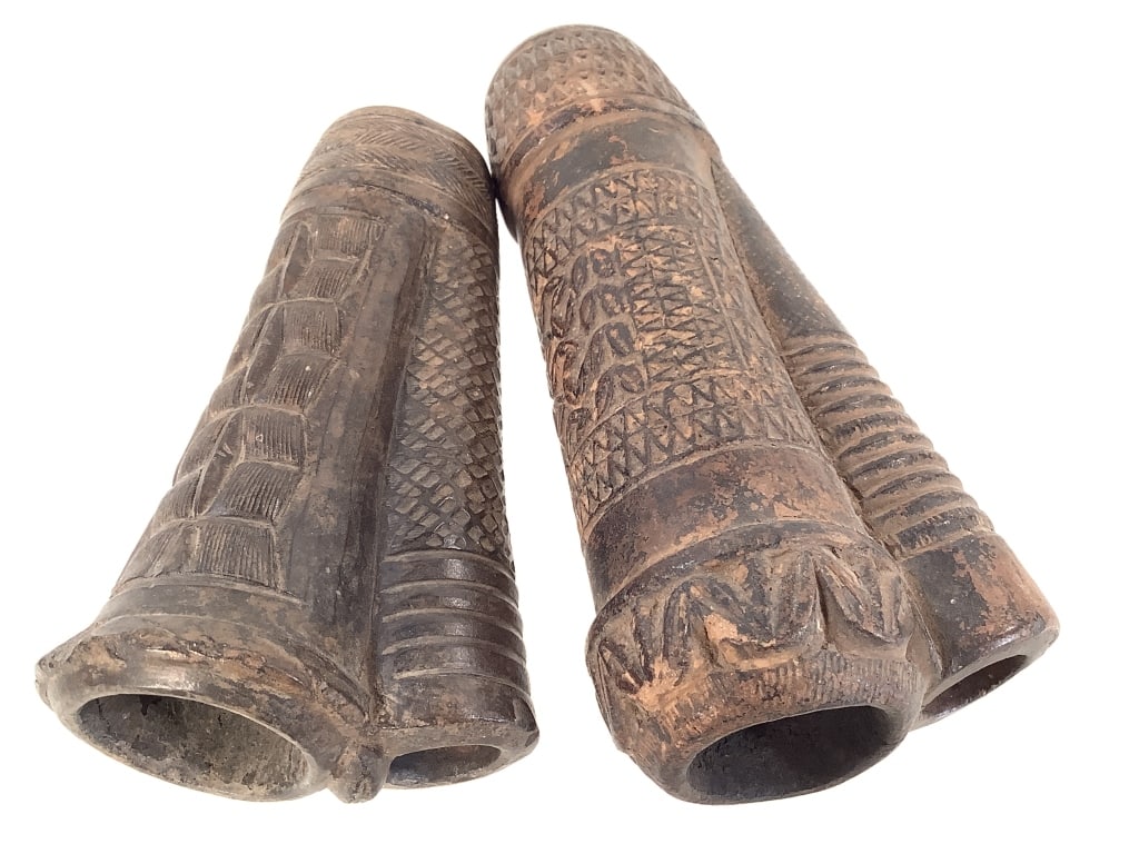 Cameroon Ceramic Pipe Bowls: Largest, 6 1/4"H x 3"D x 2"W. Both have chip at lip of bowl ends. Provenance: Collection of William and Diane Itter. Please see photos for condition and details.