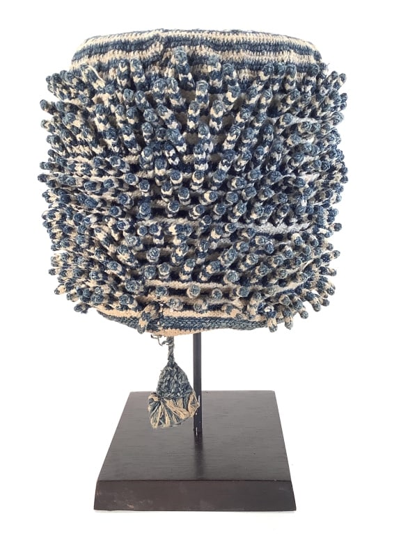 Bamileke Cameroon Prestige Hat: 6 1/2"H x 6 1/8"Dia. at the crown. Crochet cotton. Provenance: Collection of William and Diane Itter. Please see photos for condition and details.