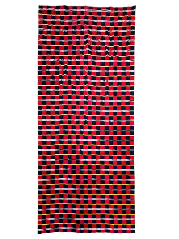 Ewe Kente Cloth: 121" x 71". Some minor repairs. Pattern in red, navy blue, and yellow with white accents. Provenance: Collection of William and Diane Itter. Please see photos for condition and details.