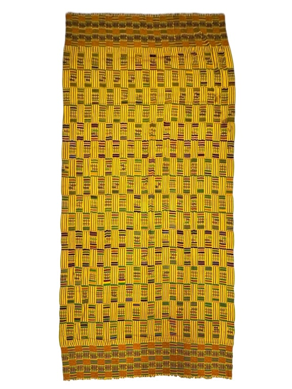 Kente Cloth: 124" x 77". Some small minor patched repairs. Provenance: Collection of William and Diane Itter. Please see photos for condition and details.