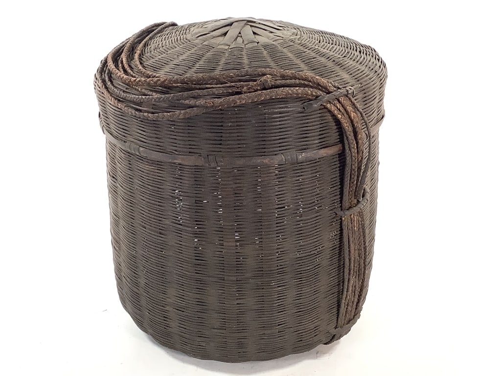 African Storage Basket: 10"H x 9"Dia. Provenance: Collection of William and Diane Itter. Please see photos for condition and details.