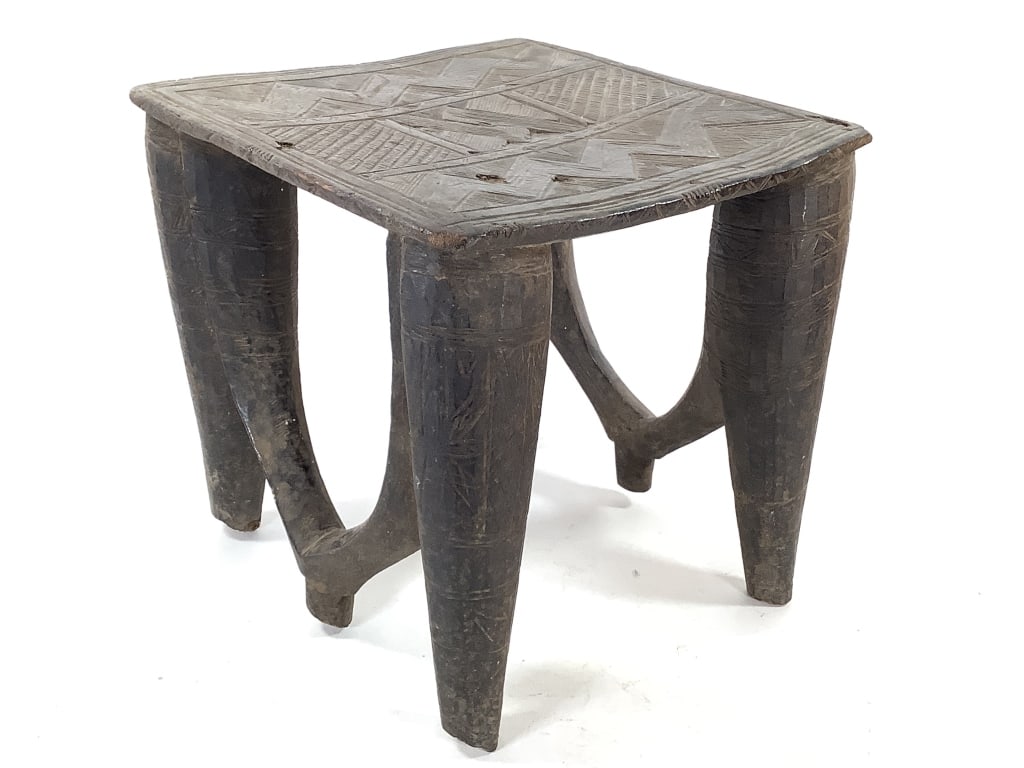 Nupe Hand-Carved Wooden Stool Northern Nigeria: 13"H x 13"W. Good condition, natural wear consistent with age. Provenance: Collection of William and Diane Itter. Please see photos for condition and details.