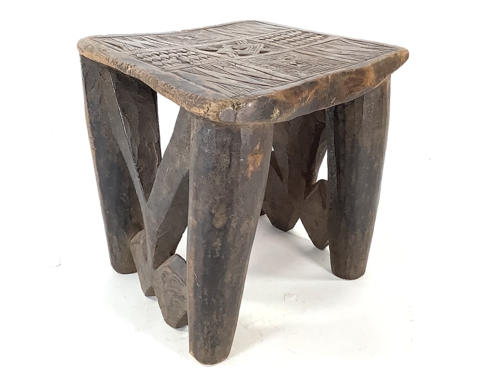 Nupe Wooden Stool Northern Nigeria: 8"H x 9"W x 8"D. Hand-carved wood. Good condition, natural wear consistent with age. Provenance: Collection of William and Diane Itter. Please see photos for condition and details.