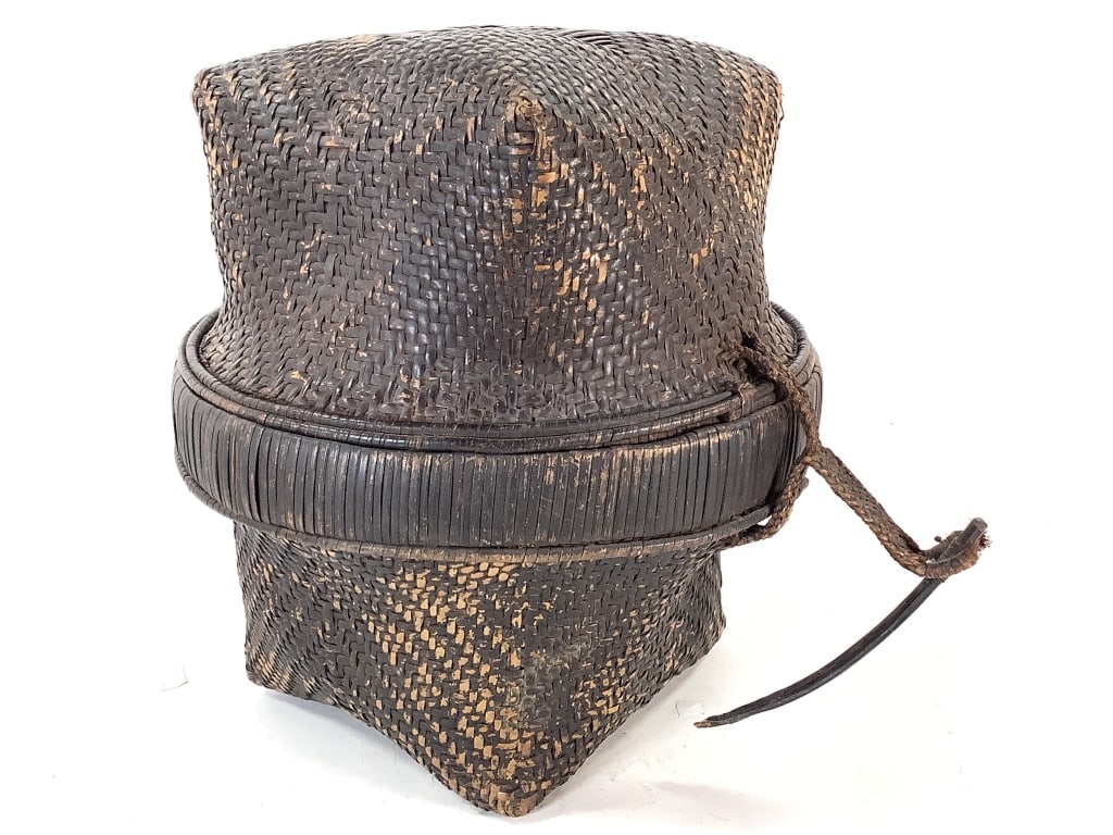 Kuba Basket DRC: 13"H x 13"W. Woven raffia fiber. Fair condition, natural wear consistent with age. Provenance: Collection of William and Diane Itter. Please see photos for condition and details.