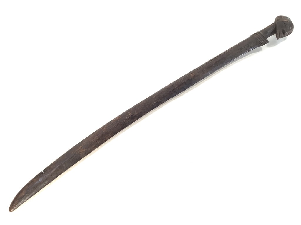 Songye Staff Scepter DRC: 26"H. Carved wood Songye staff from the DR Congo. Fair condition, natural wear consistent with age, slight crack at the head. Provenance: Collection of William and Diane Itter. Please see photos for