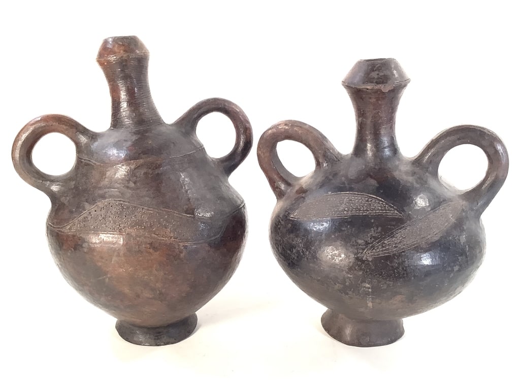 2 Teke or Tio Terracotta Vessel Loop Handle DRC: Largest, 11 1/2"H x 8 7/8"Dia. 2 Hand-formed Teke or Tio vessels from the DRC, terracotta clay. Good condition, natural wear consistent with age. Provenance: Collection of Willia and Diane Itter. See