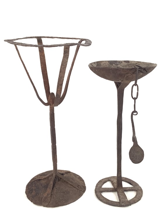 Oil Lamp & Stand Mali: 12"H.. Oxidation on surface consistent with age and wear. Provenance: Collection of William and Diane Itter. See photos for condition and details.
