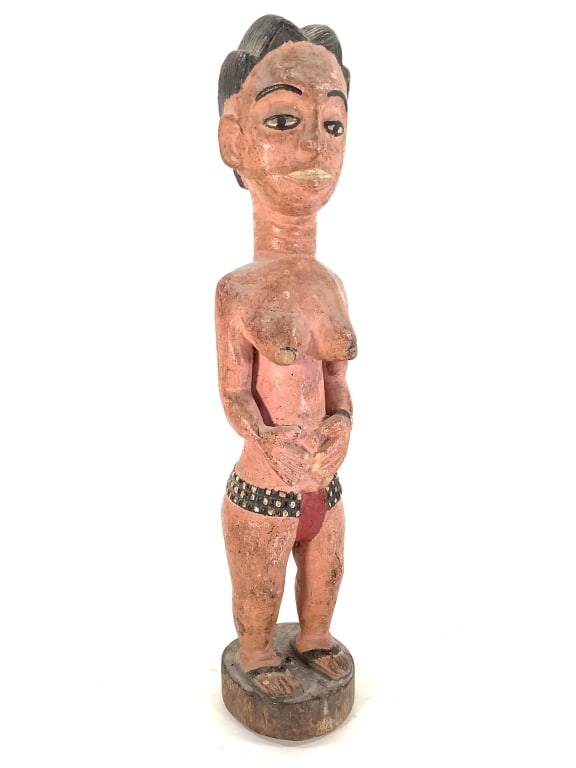 Baule Figure Ivory Coast: 14"H. Hand-carved wood figure. Fair condition, natural wear consistent with age. Provenance: Collection of William and Diane Itter. Please see photos for condition and details.