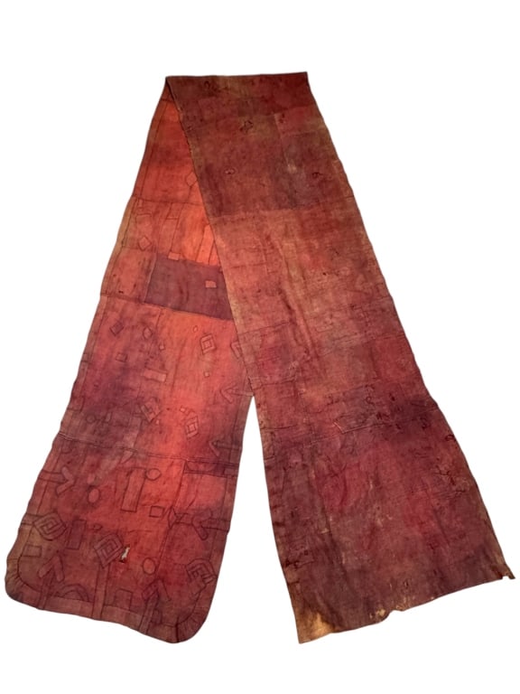 Kuba Raffia Cloth Wrapper DRC: 214" x 36". Worn condition with some repairs and tears. Provenance: Collection of William and Diane Itter. Please see photos for condition and details.
