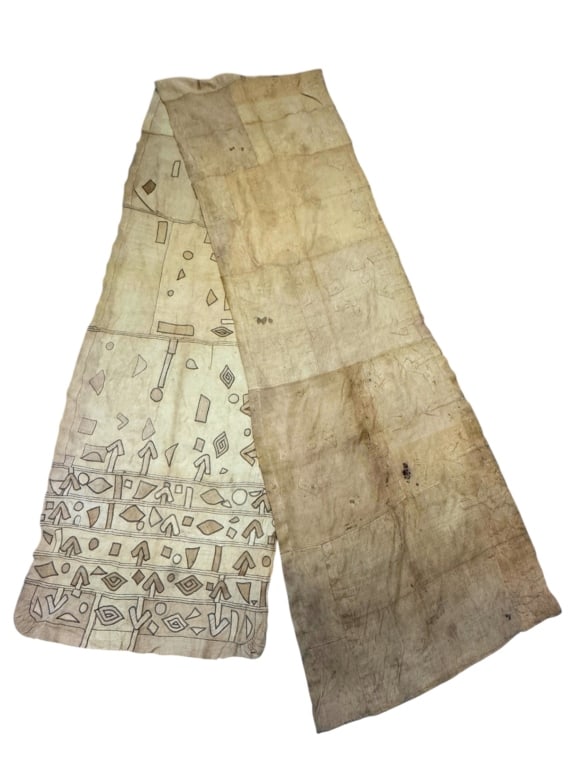 Kuba Raffia Cloth Wrapper w Patchwork DRC: 233" x 38". Worn condition with some repairs and discoloration. Provenance: Collection of William and Diane Itter. Please see photos for condition and details.