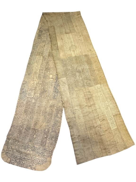 Kuba Raffia Cloth Wrapper DRC: 245" x 34". Worn condition, some repairs and discoloration. Provenance: Collection of William and Diane Itter. Please see photos for condition and details.