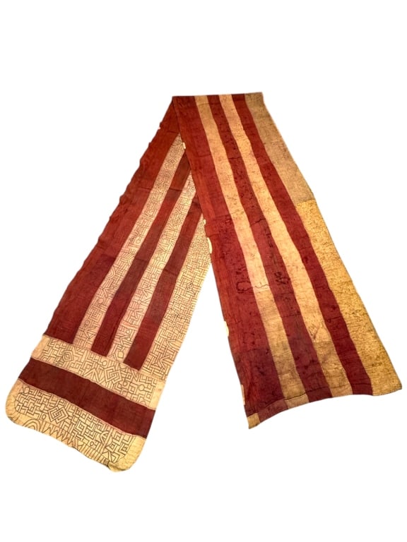 Kuba Raffia Cloth Wrapper DRC: 227" x 35". Worn condition with some repairs and discoloration. Provenance: Collection of William and Diane Itter. Please see photos for condition and details.
